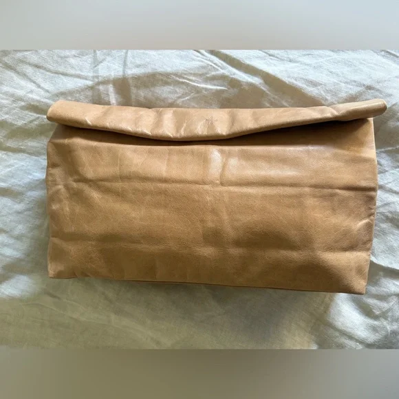 Marie Turner  Tan Leather Paper Bag Lunch Clutch Bag - Picture 2 of 11